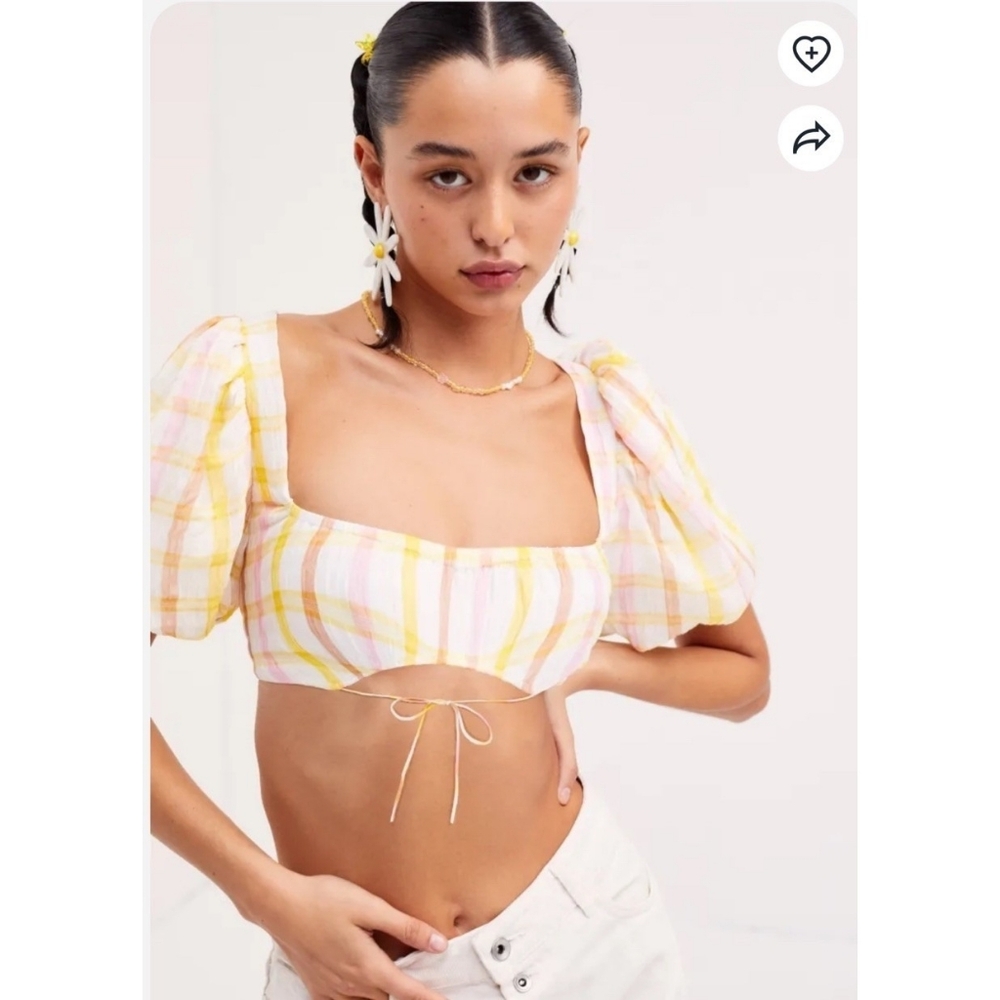 NWT For Love & Lemons Cropped Plaid Puff Sleeve Top Yellow Pink S